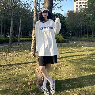 ICEREVERIE T恤 国潮宽松休闲圆领纯色休闲男女基础印花ICE长袖