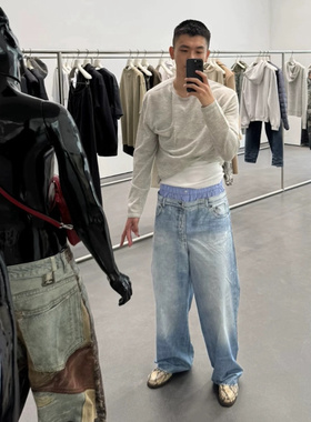 AC风格双腰拼接蓝色牛仔裤3D打印个性假两件街头宽松阔腿直筒长裤