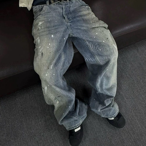 AC美式复古水洗脏旧泼墨设计感牛仔裤高街宽松直筒堆积感裤子