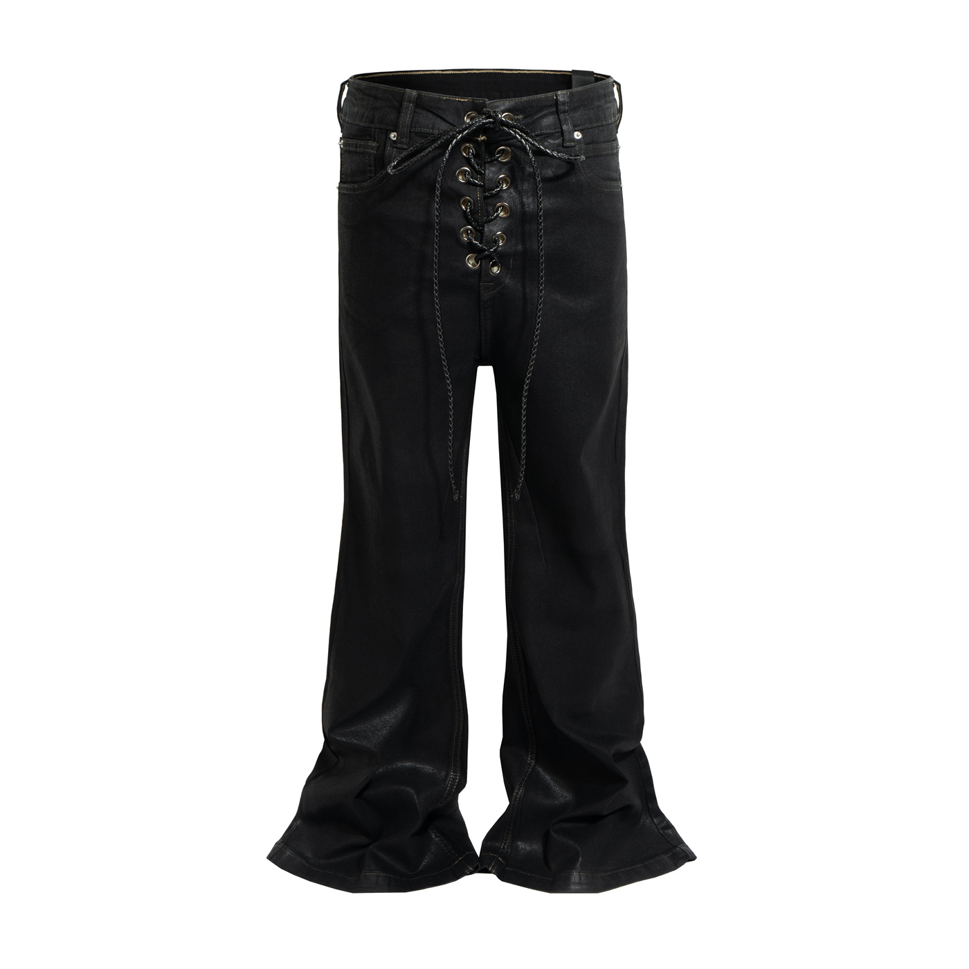 美式暗黑RO风格刷蜡涂层弹力微喇叭牛仔裤潮牌ins小众飘带拖地裤