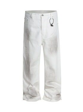 25SSFar街头水洗做旧磨破脏染直筒休闲白色牛仔裤男女宽松版型ins