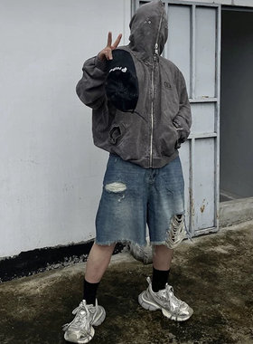 巴黎风格做旧水洗磨破复古牛仔短裤宽松掉裆男潮牌高街五分裤潮