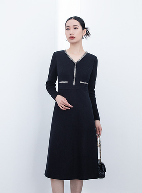 诗梦女装秋冬反季黑色小香风连衣裙V领高腰X型收腰长裙优雅棉羊毛