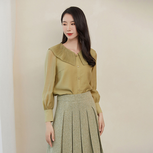 春款 天丝雪纺衬衫 风琴褶翻领甜美单排扣淑女上衣 绿色长袖 诗梦女装