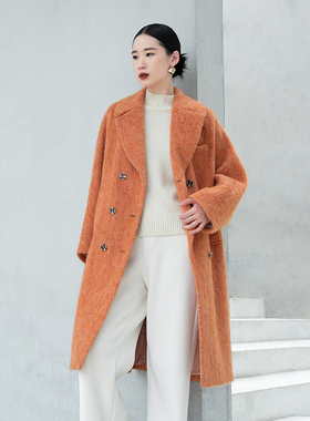 诗梦女装秋冬暖橙色羊驼毛长大衣宽松廓形时尚百搭大翻领直身
