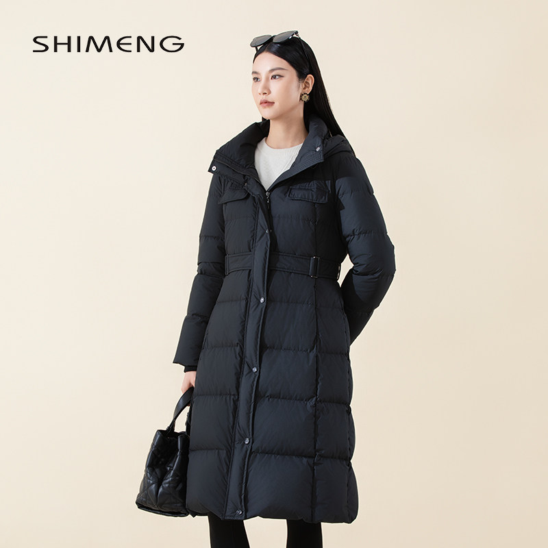 SHIMENG诗梦女装冬黑色长款连帽翻领羽绒服外套蓬松保暖收腰显瘦