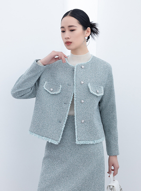 诗梦女装秋冬新款蓝绿色圆领小香风外套珍珠扣温柔淑女流苏边箱型