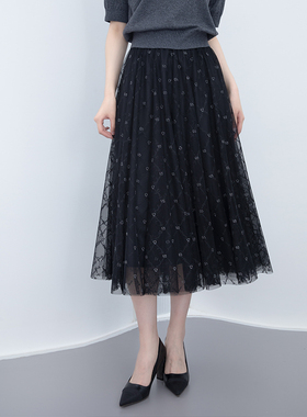 SHIMENG诗梦女装秋季新款黑色松紧高腰绣花纱裙显瘦知性优雅气质
