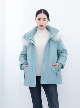 诗梦品牌女装冬季清新绿色派克羽绒服连帽90白鸭绒大毛领休闲外套