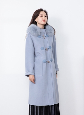 诗梦女装优雅蓝色羊毛双面呢大衣连帽长宽松廓形毛领休闲外套