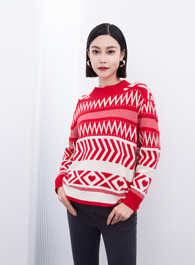 诗梦女装红色羊毛针织衫费尔岛提花宽松落肩圆领套头毛衣长袖上衣