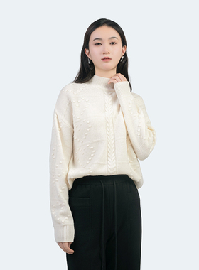 诗梦女装秋冬新款米白色毛衣套头长袖慵懒风宽松羊毛立领针织衫