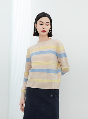 诗梦女装宽松撞色条纹绵羊毛毛衫圆领套头落肩显瘦百搭针织衫