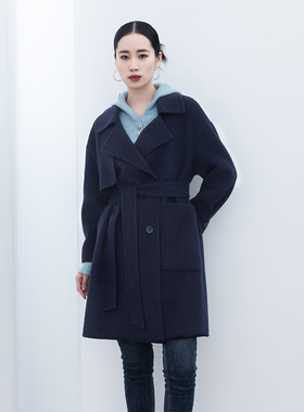 诗梦女装秋冬新款藏青色羊毛羊绒双面尼大衣西装翻领中长款外套