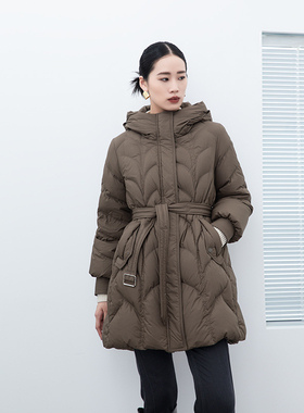 诗梦女装冬季新款卡其灰色收腰羽绒服中长款腰带连帽休闲白鸭绒