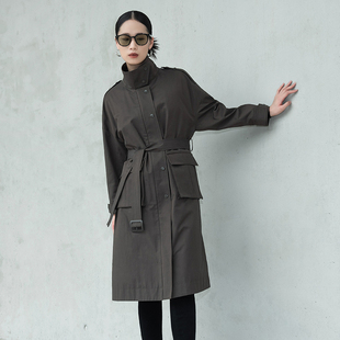 落肩外套 风大口袋英伦风棉感高级长款 诗梦女装 军绿色休闲风衣工装