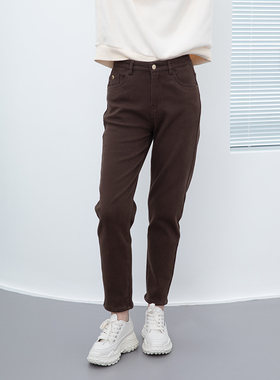 诗梦女装秋冬新款米白咖色加绒牛仔裤高腰锥形小脚裤棉弹加厚休闲