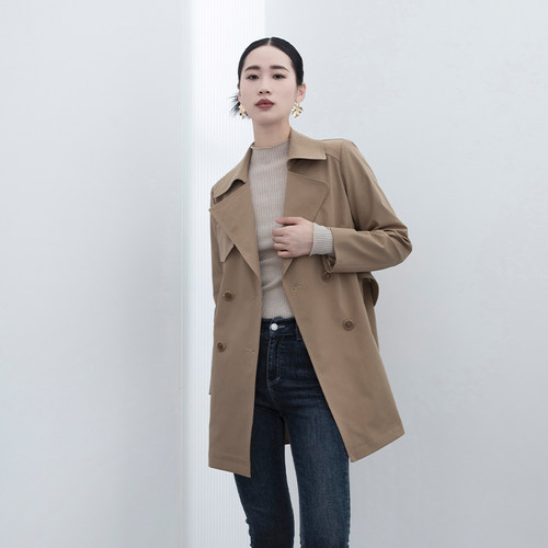 诗梦卡其色翻领短款风衣外套