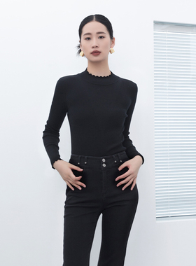 诗梦女装秋冬新款羊毛针织衫花边领修身打底衫显瘦气质简约百搭