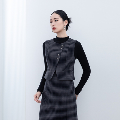 诗梦秋冬深灰格纹职场显瘦马甲