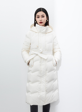 诗梦女装冬季典雅白色长款羽绒服外套加厚保暖收腰系带连帽气质