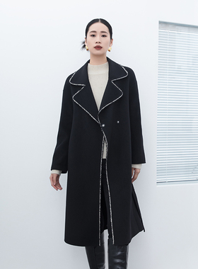 诗梦女装黑色羊毛羊绒双面呢大衣经典小香风睡袍款腰带收腰中长款