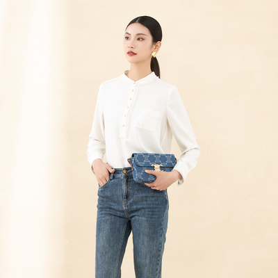 诗梦米白H版圆领宽松长袖衬衫