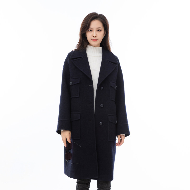 诗梦女装秋冬新款翻领藏青色落肩口袋羊毛大衣工装风休闲中长外套