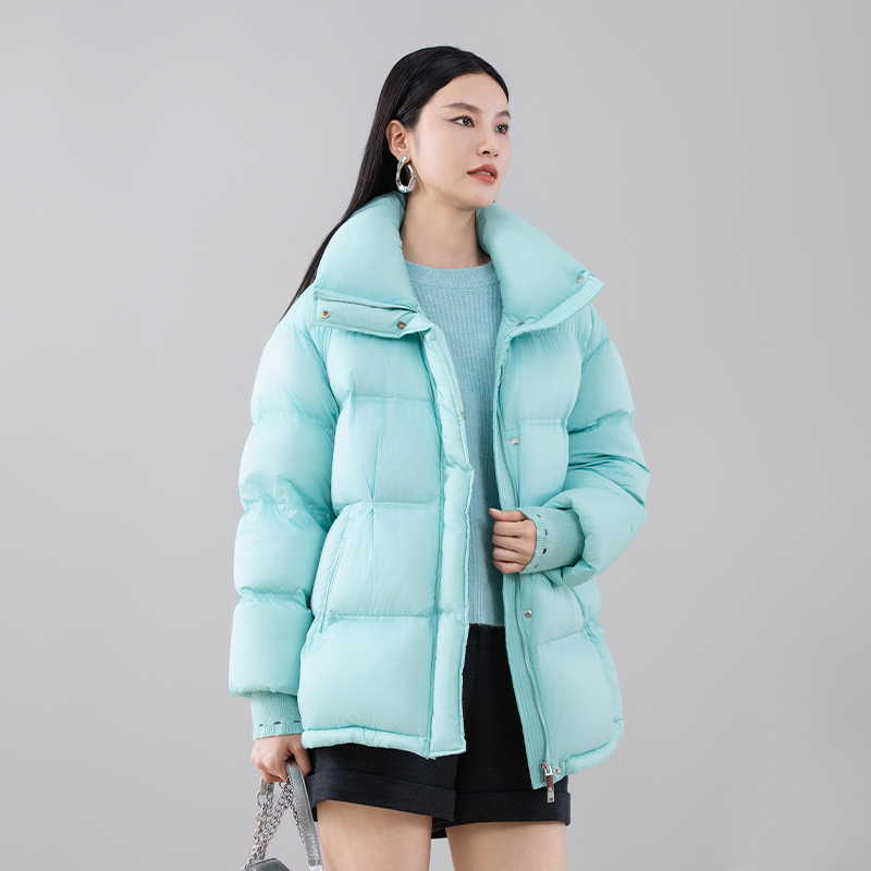 诗梦蓝色立翻领短款宽松羽绒服