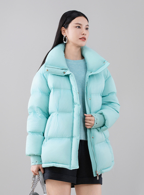诗梦冬季新款蓝色立翻领一手长直筒宽松羽绒服减龄面包服90白鸭绒