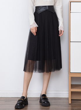诗梦女装黑色高腰纱裙优雅百褶裙假腰封网纱半身裙A字中长伞裙
