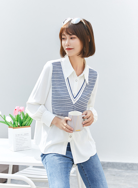 诗梦女装26春季新款针织马夹假两件衬衫翻领蓝色长袖宽松休闲上衣