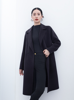 诗梦女装冬季黑灰色羊毛蚕丝驼绒双面呢中长款大衣外套西装领直筒