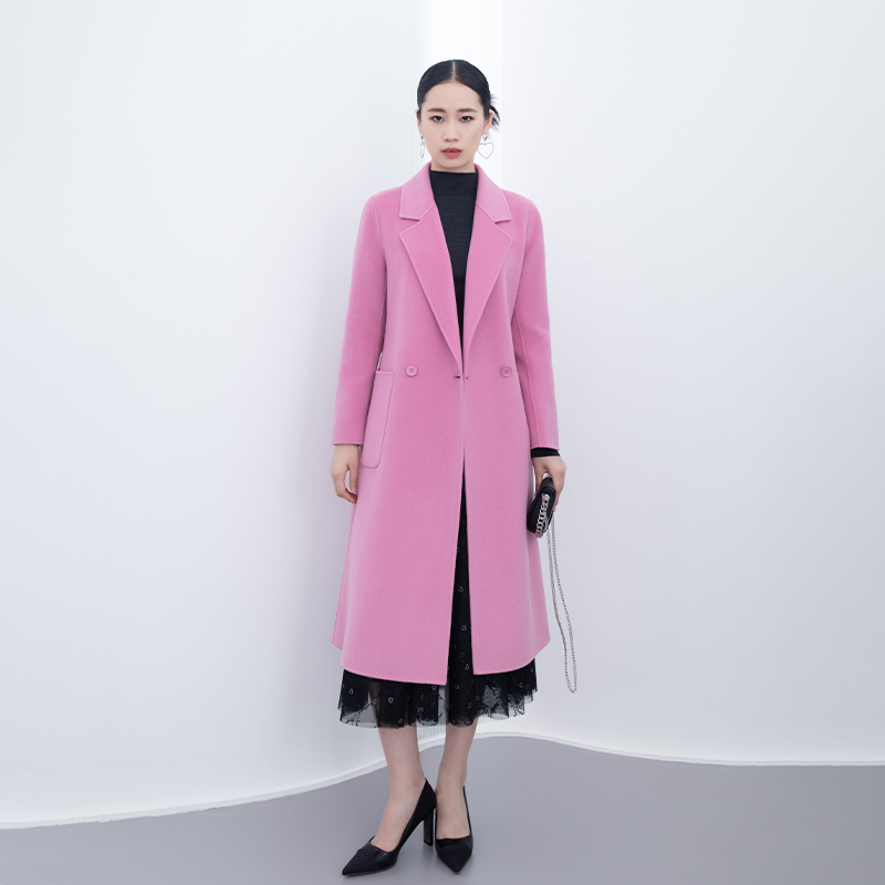 诗梦女装粉色西装翻领羊毛双面呢长款大衣外套H版型气质优雅收腰
