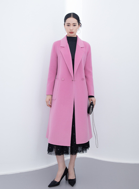 诗梦女装粉色西装翻领羊毛双面呢长款大衣外套H版型气质优雅收腰