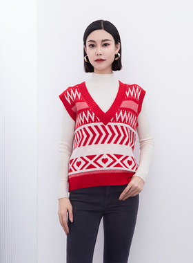 诗梦女装红色羊毛衫费尔岛毛衫背心H版型V领提花短款针织马甲