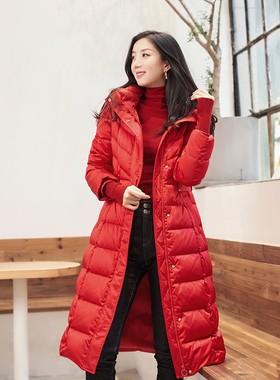 诗梦女装冬季白鸭绒羽绒服连帽红色长款收腰显瘦拉链优雅保暖外套