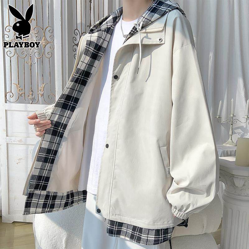 花花公子假两件外套男士潮流杏色宽松衣服春秋季新款男生痞帅夹克