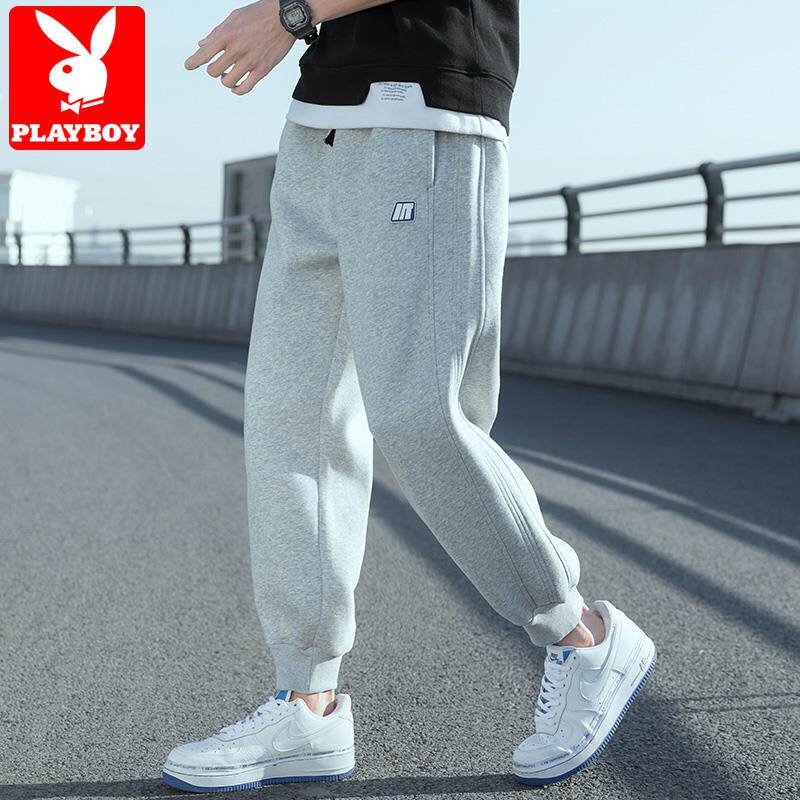 花花公子灰色卫裤男束脚春秋冬季青少年加绒宽松休闲裤子男士潮牌