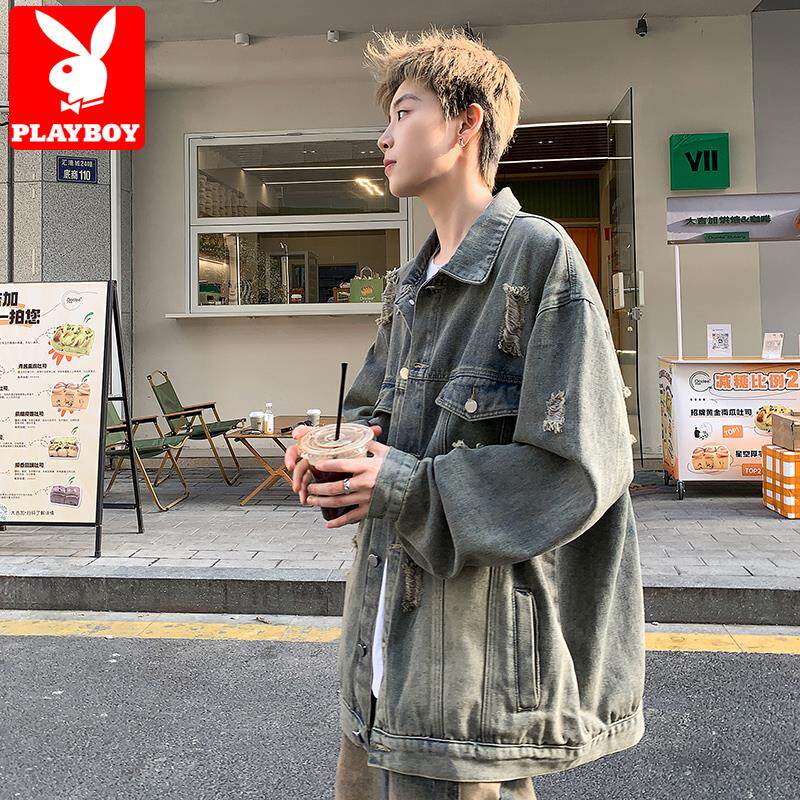 花花公子牛仔外套男春秋季新款宽松潮牌复古衣服痞帅破洞休闲夹克