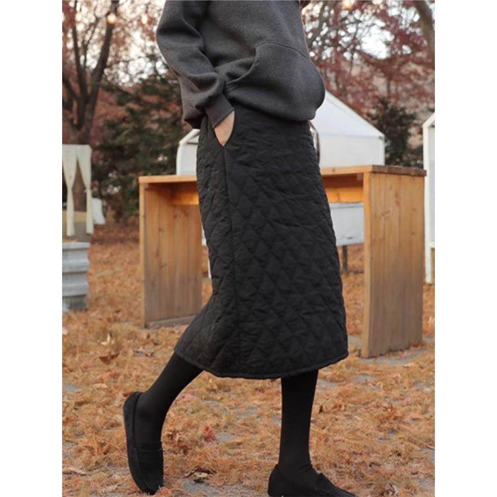 黑色半身裙女秋冬新款菱格加厚高腰开叉a字裙过膝中长款夹棉裙子,女装/女士精品,半身裙,淘宝优惠券,粉丝福利购,淘宝优惠卷