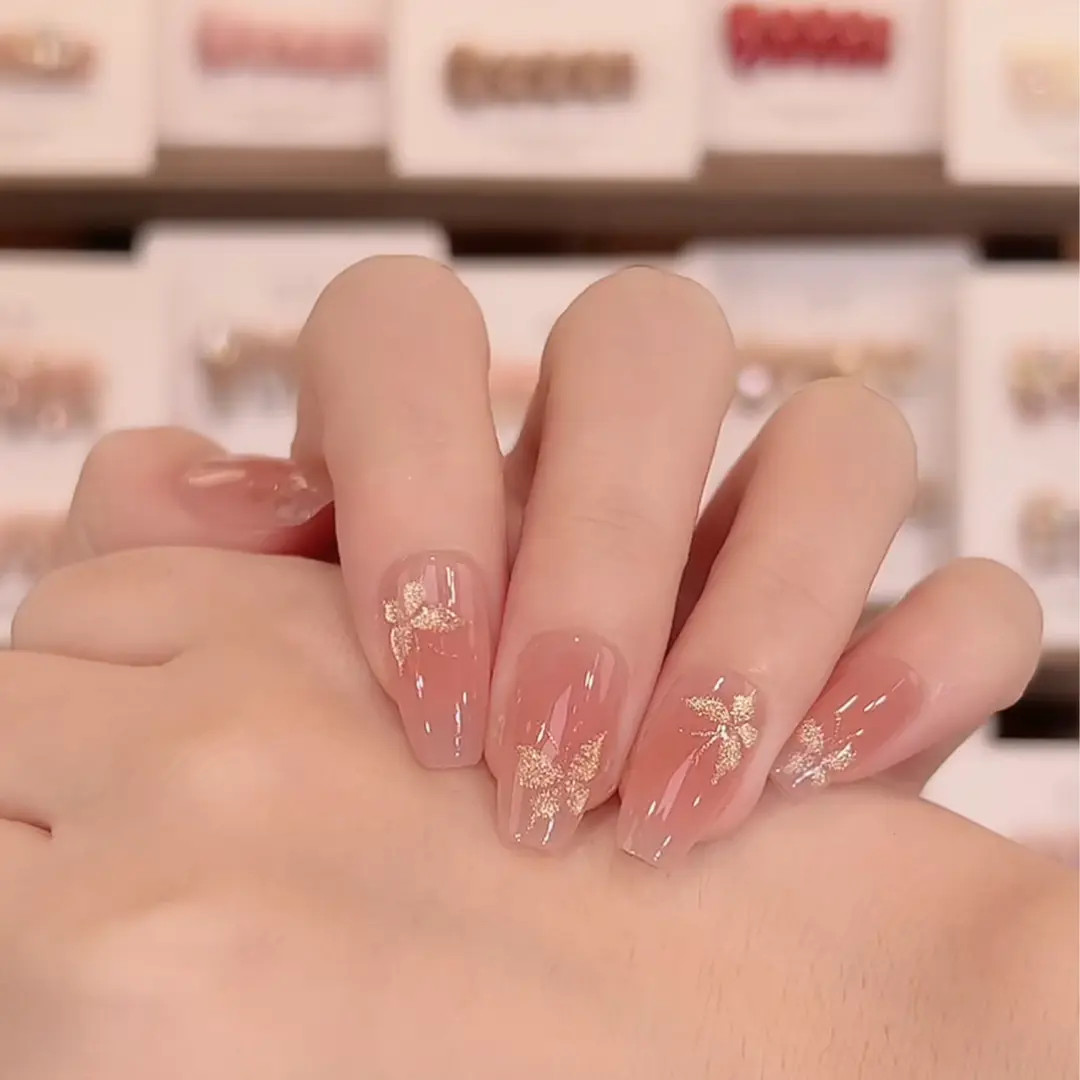 【粉金蝶梦】纯手工定制显白气质可拆卸穿戴甲粉色裸色中长款爆闪