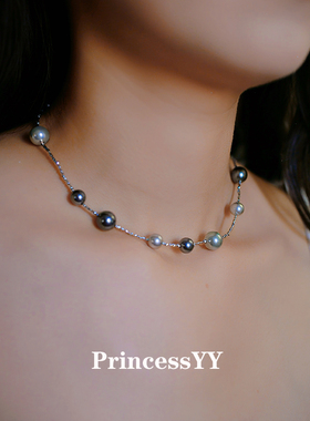 PrincessYY银色灰珍珠串珠项链高级轻奢小众毛衣2025新款男女配饰