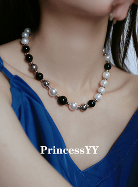 PrincessYY原创手作黑白毛衣珍珠项链女新款轻奢小众设计气质颈链