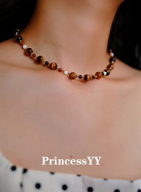 PrincessYY天然虎眼石串珠项链高级轻奢小众毛衣2025新款男女配饰