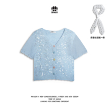 【林依轮专属】SAKUN珠片细闪V领彩扣开衫针织短袖3161-1325731