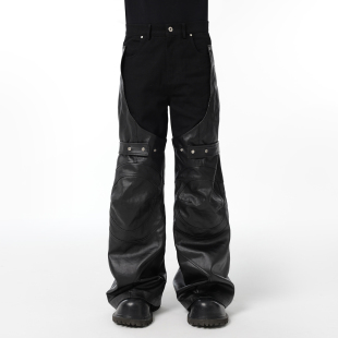 CHRYSOMALLON解构黑色蜡面涂层皮裤 男宽松直筒拼接套腿护膝长裤