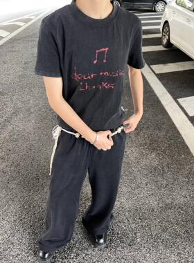 TSAOOJ夏季美式修身音符字母260g短袖水洗做旧落肩宽松T恤男女