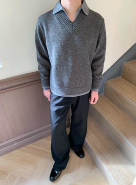 TSAOOJ复古假两件V领翻领高级针织毛衣上衣慵懒风cleanfit男女