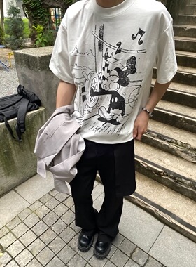 TSAOOJ复古破坏米奇短袖美式cleanfit重磅纯棉数码印花半袖T恤潮